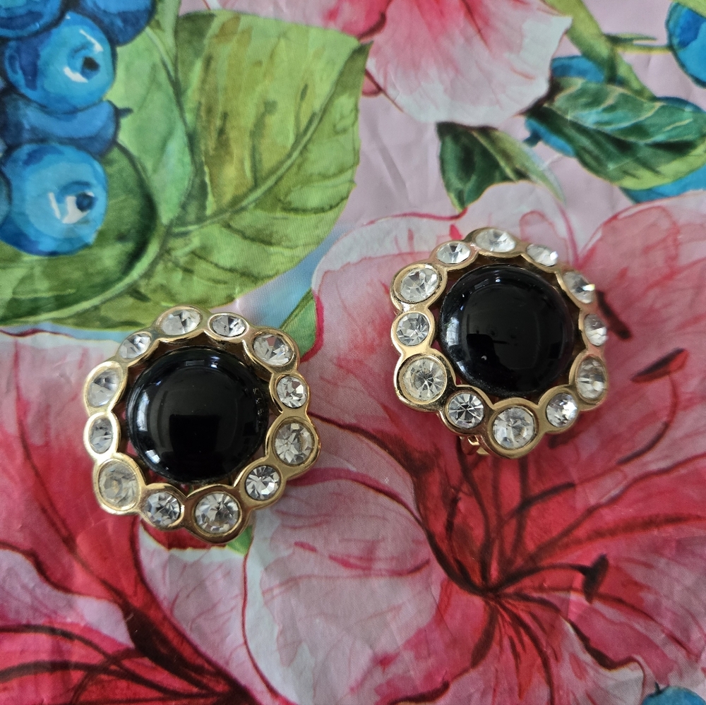 Christian Dior Elegant Black and Gold Clip On Earrings Vintage